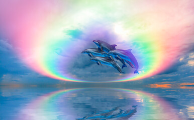 Fototapeta na wymiar Group of dolphins jumping on the sea wave with amazing abstract rainbow at sunset 