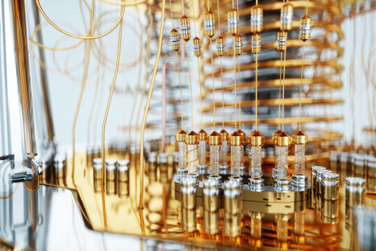 Quantum computer, gold silver mechanism close-up, soft focus. Mechanism, quantum computing, quantum cryptography, steampunk, Q bits, parallel computing. 3D illustration, 3D render.