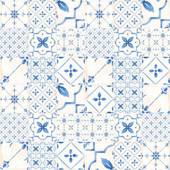 Beautiful vector seamless pattern with watercolor hand drawn blue dutch style tiles . Stock illustration. - 538963864