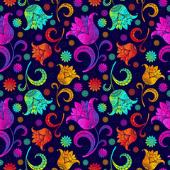 Obraz premium Seamless pattern of neon flowers. Modern floral background in bright colors for textiles and wrapping paper. Votochnye decorative tulips and daisies. Vector illustration.