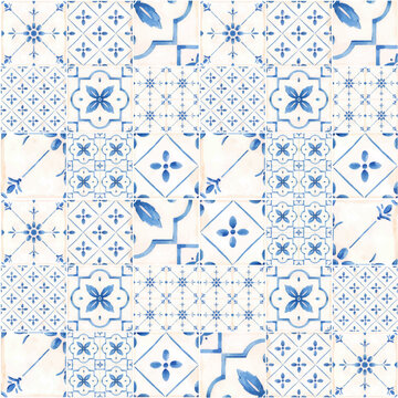 Beautiful vector seamless pattern with watercolor hand drawn blue dutch style tiles . Stock illustration.
