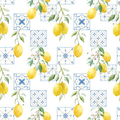 Beautiful seamless pattern in Sicilian style with hand drawn watercolor lemons and blue tiles. Stock illustration.