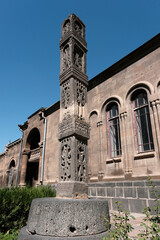 Medieval stone column in the yard of Etchmiadzin monastery. Vagharshapat, Armenia.