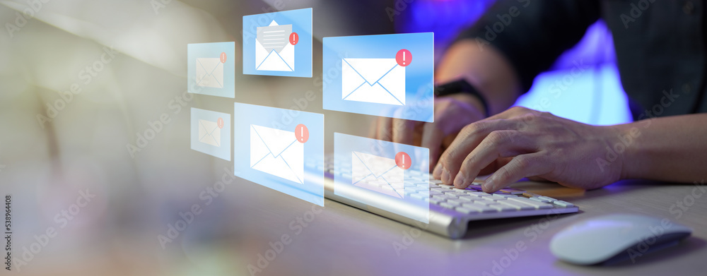 Poster email marketing concept, company sending many e-mails or digital newsletter to customers. mail commu