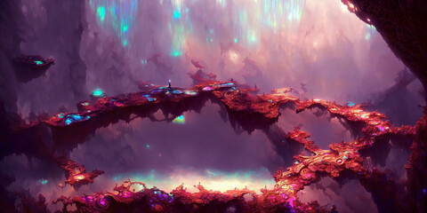 Lush, Colorful Alien Landscape on an Opalescent Planet with Floating Fantasy Mountains. Beautiful Dreamlike 4k Wallpaper Background Rendering.