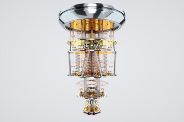 Quantum computer, gold silver mechanism isolated on white background. Mechanism, quantum computing, quantum cryptography, steampunk, Q bits, parallel computing. 3D illustration, 3D render.