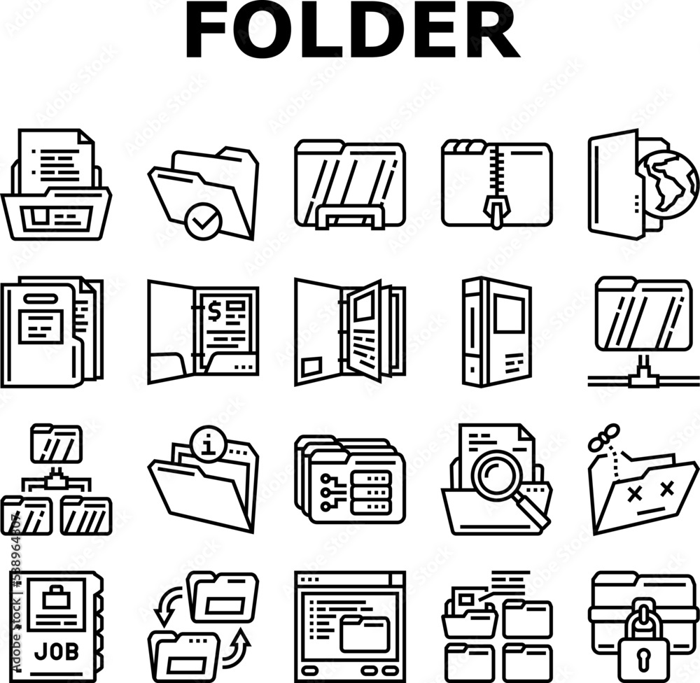 Poster folder paper business file empty icons set vector. blank open, office template, document information