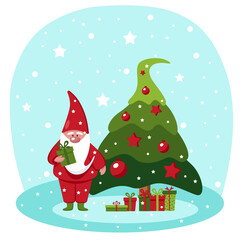 Christmas gnome with gifts. Christmas greeting card cute gnome at the Christmas tree on a blue background. Vector flat illustration of a  EPS 10.