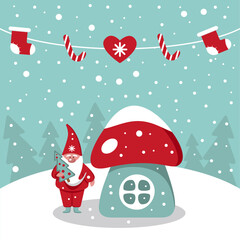 Christmas greeting card cute gnome near his house on a blue background. Vector flat illustration of a Christmas gnome in a snowy forest. EPS 10.