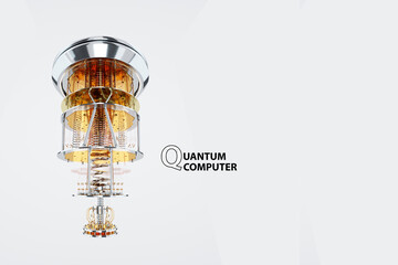 Quantum computer, gold silver mechanism isolated on white background. Mechanism, quantum computing, quantum cryptography, steampunk, Q bits, parallel computing. 3D illustration, 3D render.