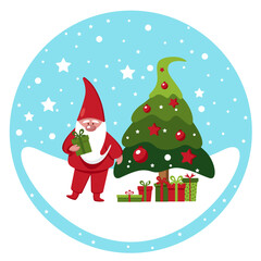 Christmas greeting card cute gnome at the Christmas tree on a blue background. Vector flat illustration of a Christmas gnome with gifts. 