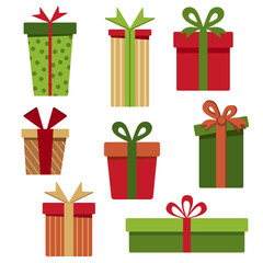 Set of vector Christmas gifts on white background. Collection of flat New Year objects. Vector illustration of EPS10.