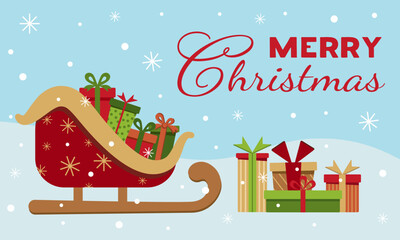 Vector flat illustration of Merry Christmas. Christmas gifts in Santa Claus sleigh in the snow. New Year's card banner Christmas gifts. EPS10.