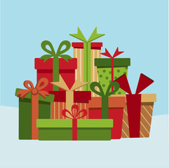 Christmas card with a set of vector gifts. New Year's illustration of flat Christmas gifts in the snow. Vector illustration of EPS10.