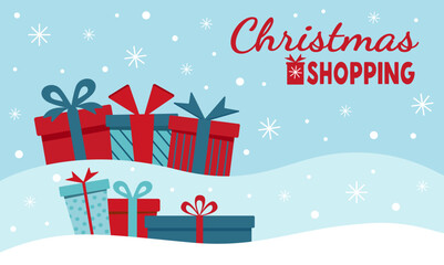 Vector flat illustration of Christmas shopping. New Year's card banner Christmas shopping. Christmas gifts in the snow. Vector illustration of EPS10.