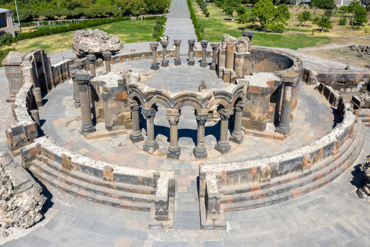 Aerial view of ruins of Zvartnots Cathedral on sunny day. Vagharshapat, Armenia.
