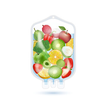 Different fruit vegetable inside saline bag rich in vitamins. IV drip natural products containing dietary fiber and minerals healthy. Realistic 3D vector EPS10.