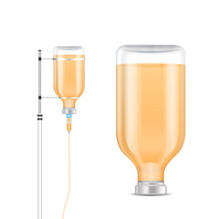 Saline solution bottle orange isolated realistic on white background 3D vector. IV drip vitamin minerals for health. Intravenous therapy with dropper. Collagen skincare beauty. Medical concept.