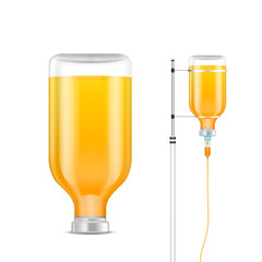 Saline solution bottle orange. IV drip vitamin minerals for health. Intravenous therapy with dropper. Collagen skincare beauty. Medical concept. Isolated realistic on white background 3D vector.