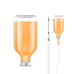  IV drip vitamin minerals for health. Saline solution bottle orange. Intravenous therapy with dropper. Collagen skincare beauty. Isolated realistic on white background 3D vector.