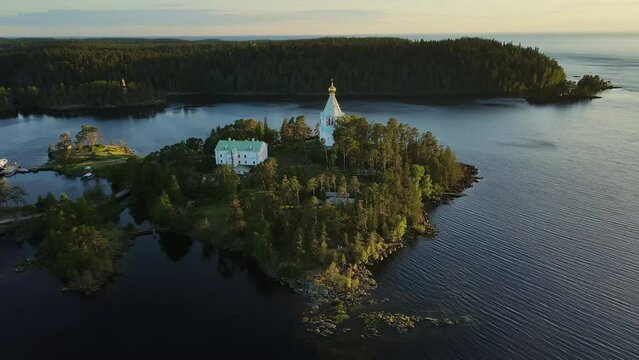AERIAL: A hermitage located on a small island in Lake Ladoga, Karelia