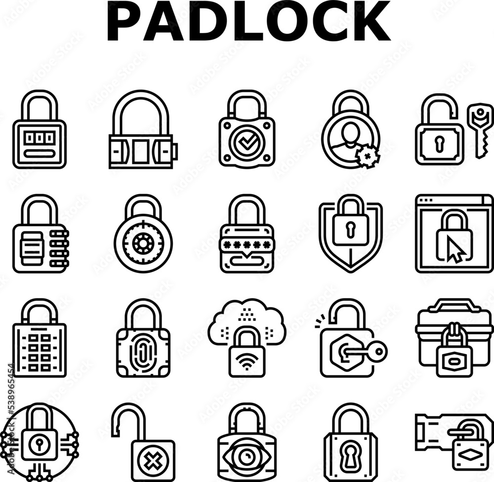 Poster padlock lock safe password key icons set vector. privacy secure, security protection, internet eleme