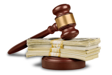 Wooden gavel on wooden table and money , on  background