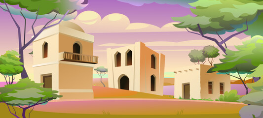 Arab clay hut. Morning or evening dawn. Middle Eastern adobe dwelling. Africa and Asia traditional house. Vector.