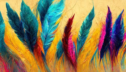 Abstract bright feathers background. Artificial Intelligence generated detailed image. AI painting. Birds feathers in different colours illustration. 