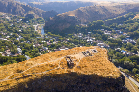 Aerial view of remains of Bjni fortress on sunny summer day. Bjni village, Kotayk Province, Armenia.