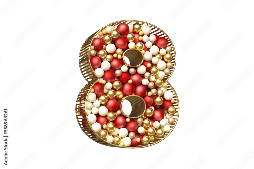 Poster christmas balls font 3d digit number 8. deluxe typeface made of a mix of red, white and golden balls