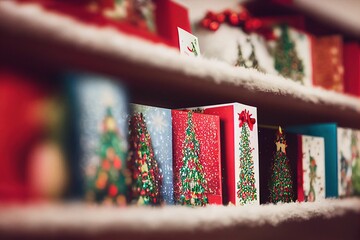 Christmas cards on a shelf depth of field blur