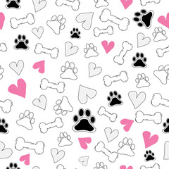 seamless pattern with dogs. Paw prints, hearts and bones