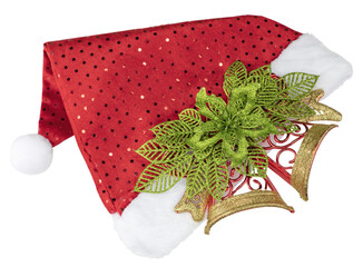 chrismas santa hat with glitter bell shape decoration with the transparent png background