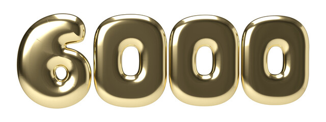 Isolated Golden Balloon, Number 6000 in Gold Color on White Background. 3D illustration.