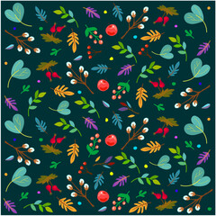 vector pattern with leaves on a dark background. Cozy house. Winter theme.  Vector illustration. Background for fabric, wallpaper, design. Children's illustration.