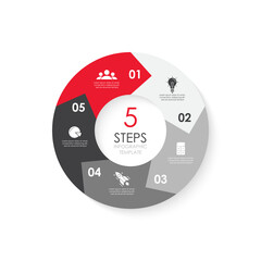 Vector circle infographic template with arrow for round diagram, graph, web design. Business concept with 5 steps, options or processes. Isolated on white background.