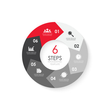 Vector Circle Infographic Template With Arrow For Round Diagram, Graph, Web Design. Business Concept With 6 Steps, Options Or Processes. Isolated On White Background.