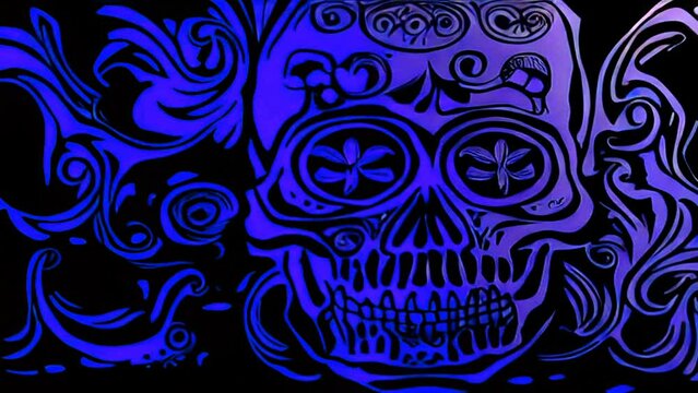 Generative AI colorful animation of tattoo painting of skeletons and skulls. Digital image painted illustration of Halloween videoloop cubist style with markers.