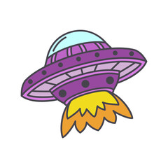 Doodle spaceshift. Cartoon exploration spacecraft. Hand drawn celestial icon