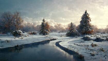 Obraz na płótnie Canvas winter landscape with snow and river