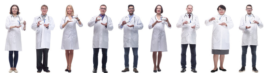 group of doctors holding jar isolated on white