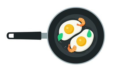 Fried eggs in a pan. Fried eggs with herbs and fried shrimp. Flat vector illustration isolated on white background.