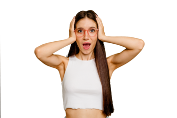 Young caucasian long hair woman isolated covering ears with hands trying not to hear too loud sound.