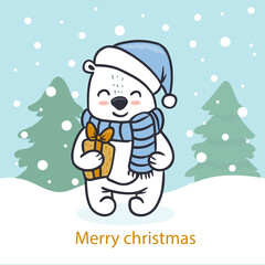 cartoon polar bear with a gift christmas greeting card. Vector illustration 