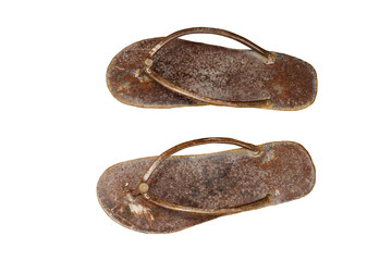 Rusted sheet metal scraps are recycled into slippers isolated on white background. this has clipping path.