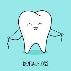 Cute tooth with dental floss. Oral hygiene. Dental cute Illustration for children dentist cabinet, pediatric dentistry.