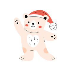 Fototapeta premium Cute smiling polar bear wearing red Santa hat