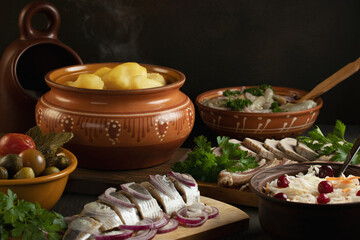 Festive table in the Russian village. Table set for dinner with traditional snacks and dishs of Russian cuisine