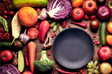 A rich table with an assortment of fruits and vegetables of fresh harvest. an empty black plate on a flat lay wooden table